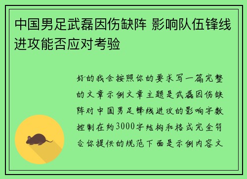 中国男足武磊因伤缺阵 影响队伍锋线进攻能否应对考验