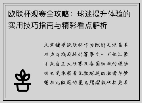 欧联杯观赛全攻略:球迷提升体验的实用技巧指南与精彩看点解析 欧联杯观赛全攻略:球迷提升体验的实用技巧指南与精彩看点解析